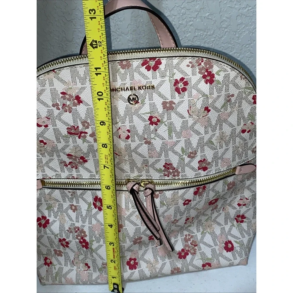 Michael Kors MK Floral Monogram Backpack Bag Purse Pink Leather Trim Gold Accent